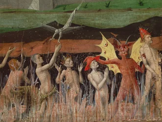 Auferstehung der Toten, Dämon, Detail aus der Krönung der Jungfrau, 1453-54